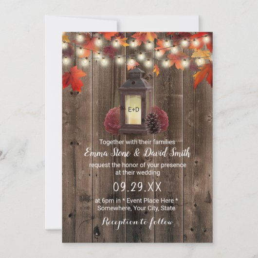 Rustic Lantern & Flowers Barn Wood Fall Wedding Kaart (Voorkant)