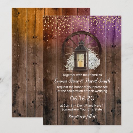 Rustic Lantern Gold Confetti  Barn Wedding Kaart (Voorkant / Achterkant)