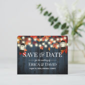 Rustic Lantern Herfst Navy Barn Wood Save the Date Aankondigingskaart (Staand voorkant)