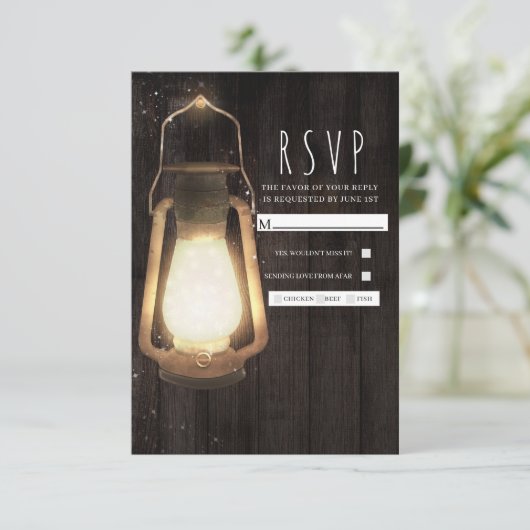 Rustic Lantern Lights Barn Wood Wedding RSVP (Staand voorkant)