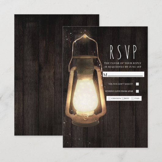 Rustic Lantern Lights Barn Wood Wedding RSVP (Voorkant / Achterkant)
