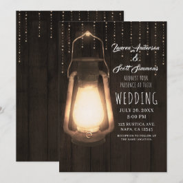 Rustic Lantern & Lights Brown Barn Wood Wedding Kaart