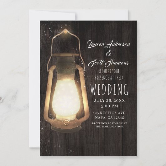Rustic Lantern Lights Brown Barn Wood Wedding Kaart (Voorkant)