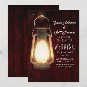 Rustic Lantern Lights Cherry Wood Barn Wedding Kaart