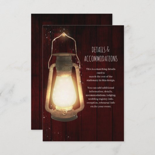 Rustic Lantern Lights Cherry Wood Wedding Details Informatiekaartje (Voorkant / Achterkant)