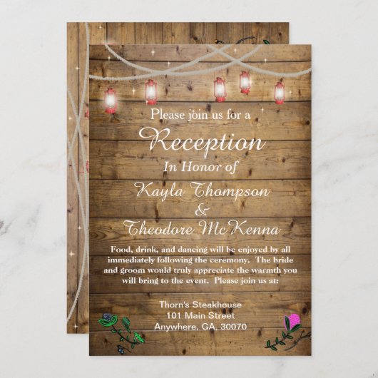 Rustic Lantern Lights Wedding Reception Kaart (Voorkant / Achterkant)