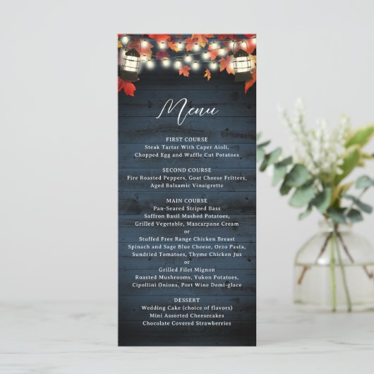 Rustic Lantern Navy Barn Wood Fall Wedding Menu (Staand voorkant)