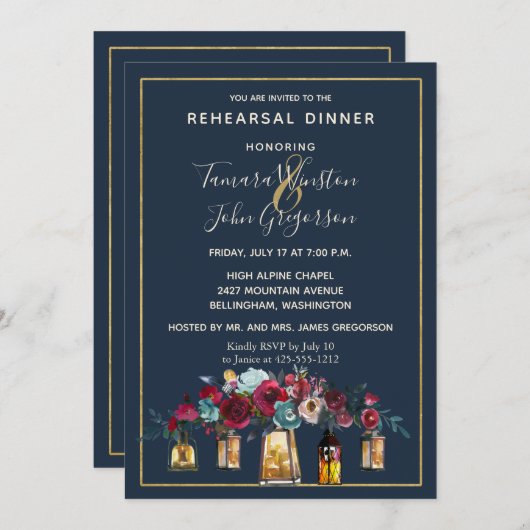 Rustic Lantern Navy Burgundy Rehearsal Dinner Kaart (Voorkant / Achterkant)