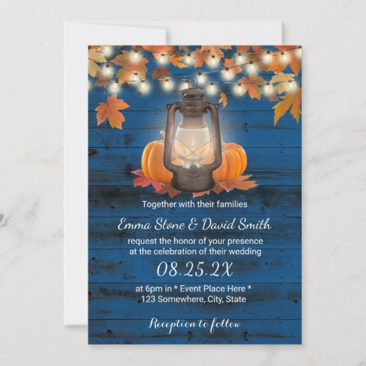 Rustic Lantern & Pumpkins Navy Blue Fall Wedding Kaart (Voorkant)