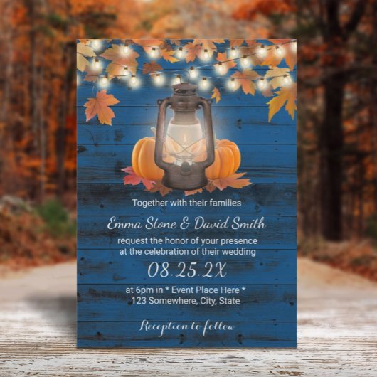 Rustic Lantern & Pumpkins Navy Blue Fall Wedding Kaart