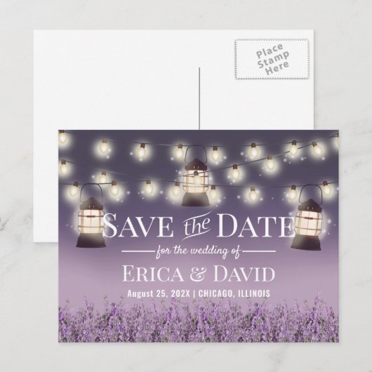 Rustic Lantern Purple Flowers Save the Date Aankondigingskaart (Voorkant / Achterkant)