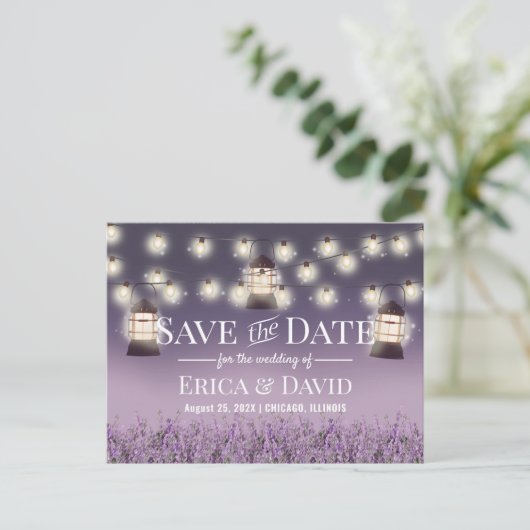 Rustic Lantern Purple Flowers Save the Date Aankondigingskaart (Staand voorkant)