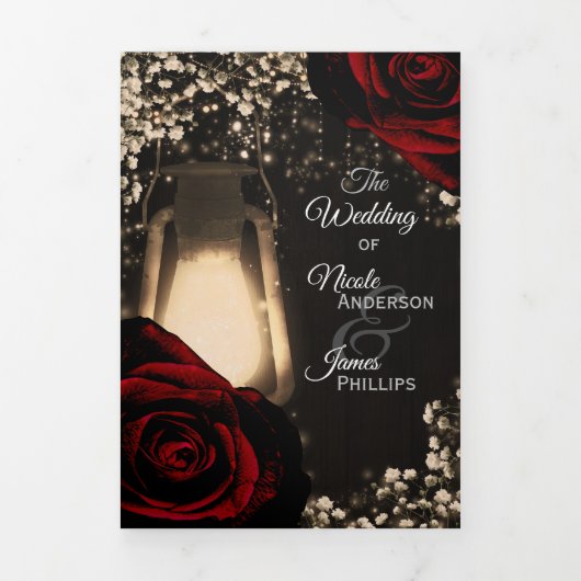 Rustic Lantern Red Roses Trifold Wedding Program Drieluik Uitnodiging (Cover)