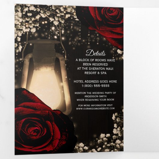 Rustic Lantern Red Roses Trifold Wedding Program Drieluik Uitnodiging (Binnenzijde eerst)