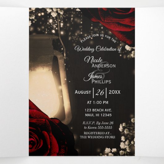 Rustic Lantern Red Roses Trifold Wedding Program Drieluik Uitnodiging (Binnenkant midden)
