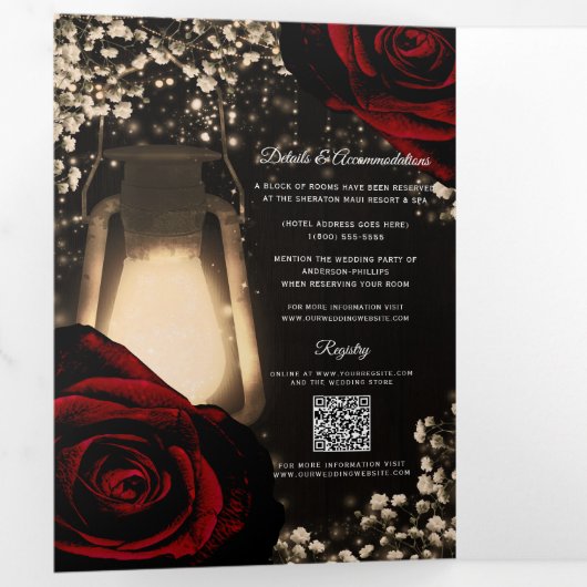 Rustic Lantern Red Roses Trifold Wedding Program Drieluik Uitnodiging (Binnenzijde eerst)