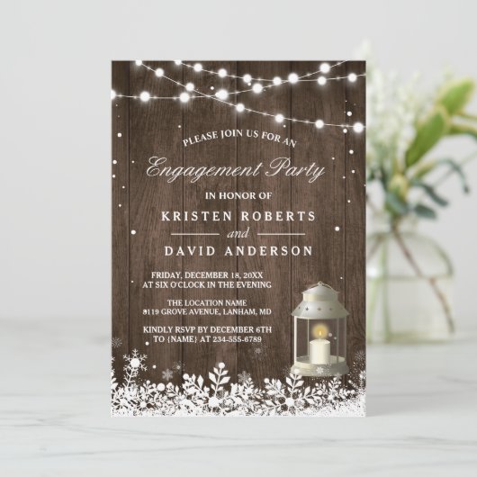 Rustic Lantern Snowflakes Winter Engagement Party Kaart (Staand voorkant)