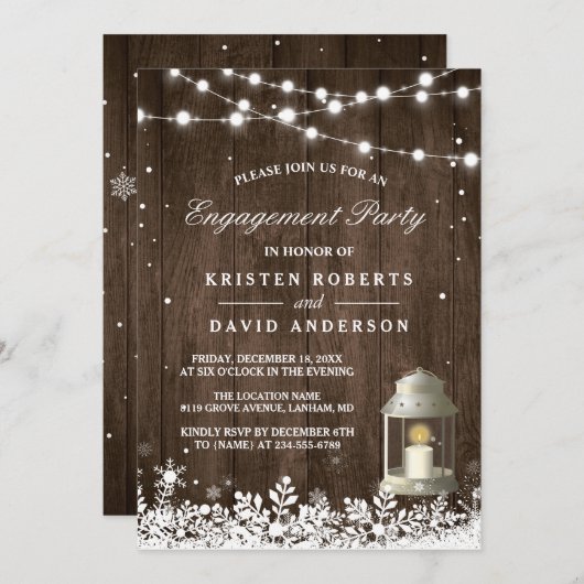 Rustic Lantern Snowflakes Winter Engagement Party Kaart (Voorkant / Achterkant)