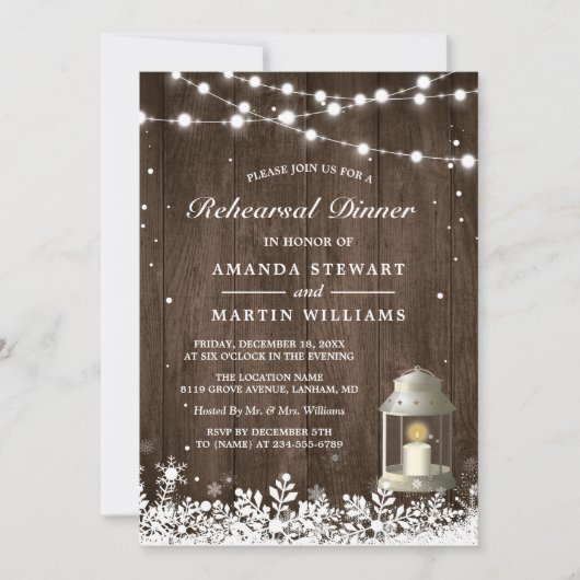Rustic Lantern Snowflakes Winter Rehearsal Dinner Kaart (Voorkant)