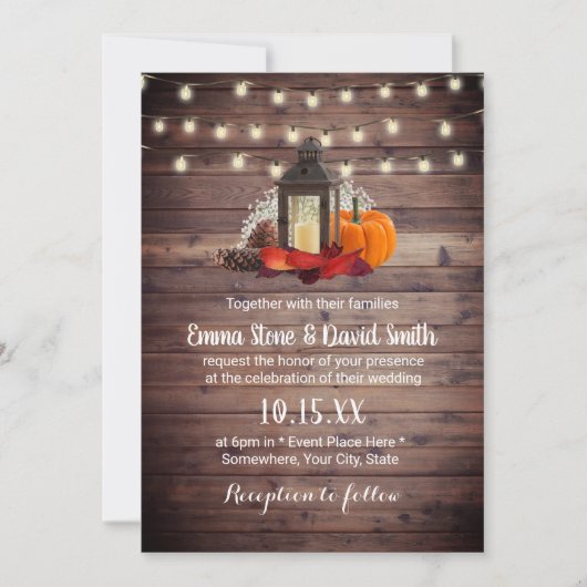 Rustic Lantern & String Lights Autumn Wedding Kaart (Voorkant)
