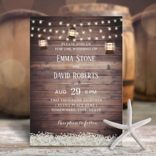 Rustic Lantern String Lights Baby's Breath Wedding Kaart