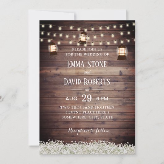 Rustic Lantern String Lights Baby's Breath Wedding Kaart (Voorkant)