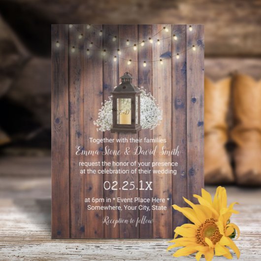 Rustic Lantern & String Lights Barn Wedding Kaart