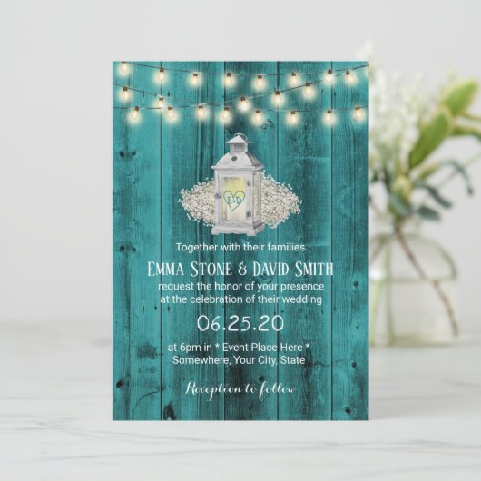 Rustic Lantern & String Lights Blauwgroen Barn Wed Kaart (Staand voorkant)