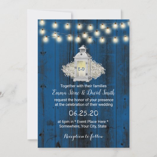 Rustic Lantern & String Lights Blue Barn Wedding Kaart (Voorkant)