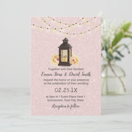 Rustic Lantern & String Lights Blush Pink Wedding Kaart (Staand voorkant)
