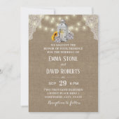 Rustic Lantern & String Lights Burlap Wedding Kaart (Voorkant)