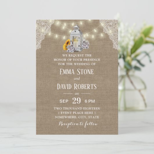 Rustic Lantern & String Lights Burlap Wedding Kaart (Staand voorkant)