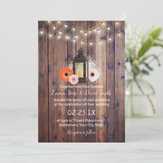 Rustic Lantern String Lights Daisy Floral Wedding Kaart (Staand voorkant)