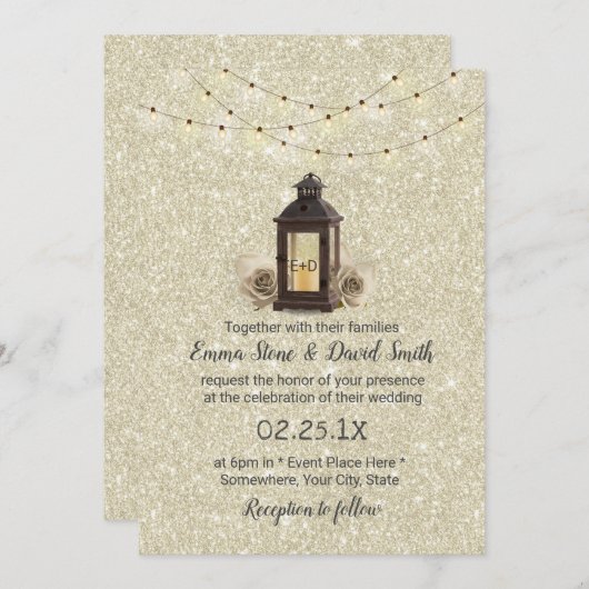 Rustic Lantern & String Lights Modern Wedding Kaart (Voorkant / Achterkant)