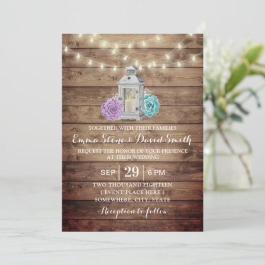 Rustic Lantern Succulent Floral Wedding Kaart (Staand voorkant)