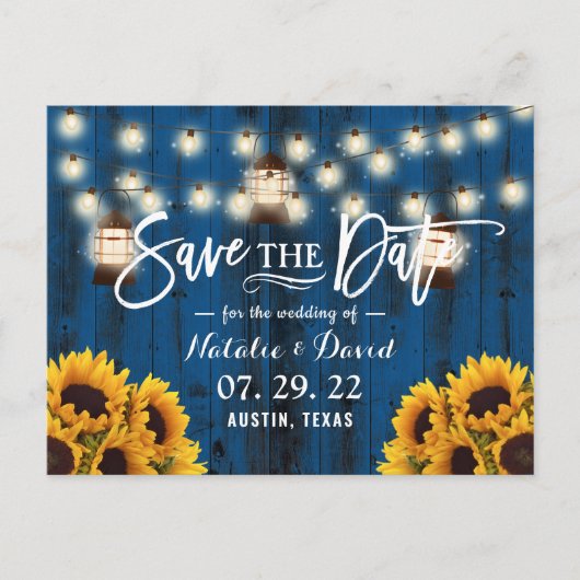 Rustic Lantern & Sunflower Navy Save the Date Aankondigingskaart (Voorkant)