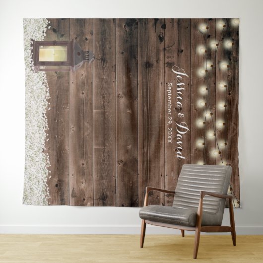 Rustic Lantern White Floral Barn Wedding Backdrupp Wandkleed (In Situ (horizontaal))