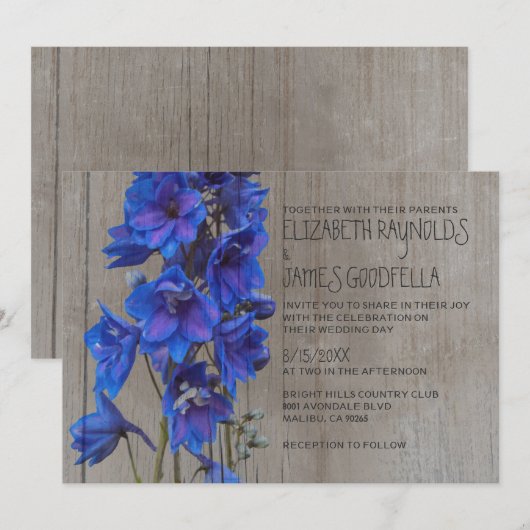 Rustic Larkspur Wedding Invitations Kaart (Voorkant / Achterkant)