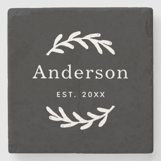 Rustic Laurel Branch Wreater Achternaam Monogram Stenen Onderzetter (Voorkant)