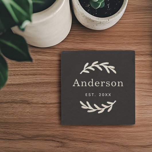 Rustic Laurel Branch Wreater Achternaam Monogram Stenen Onderzetter