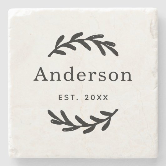 Rustic Laurel Branch Wreater Achternaam Monogram Stenen Onderzetter (Voorkant)