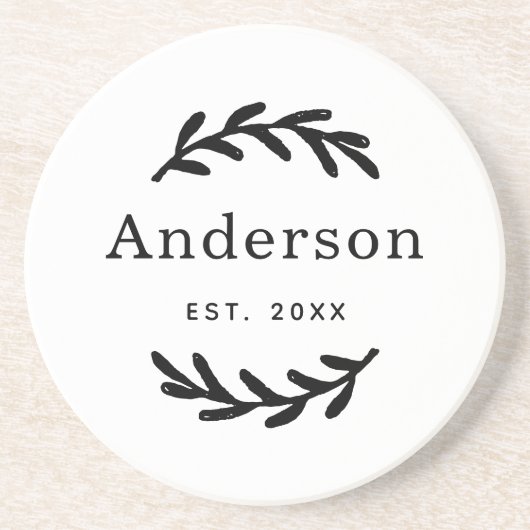 Rustic Laurel Branch Wreater Last Name Monogram Zandsteen Onderzetter (Voorkant)