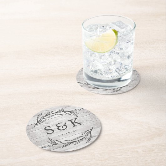 Rustic Laurel Leaf Monogram Wedding Ronde Kartonnen Onderzetter (Insitu)