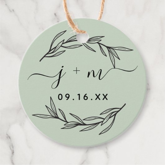 Rustic Laurel Leaves Script Initialen Weddenschap Bedankjes Labels (Voorkant)