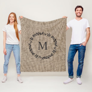 Rustic Laurel Wreath Farmhouse Burlap Monogrammed Fleece Deken