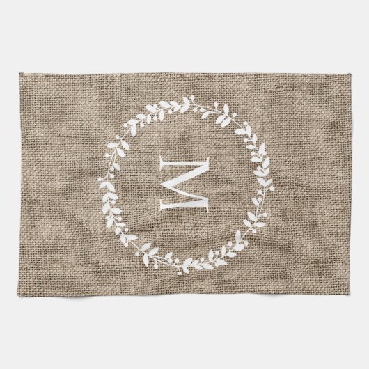 Rustic Laurel Wreath Farmhouse Style Monogramed Theedoek (Horizontaal)