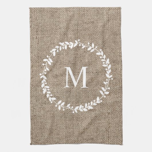 Rustic Laurel Wreath Farmhouse Style Monogramed Theedoek (Verticaal)