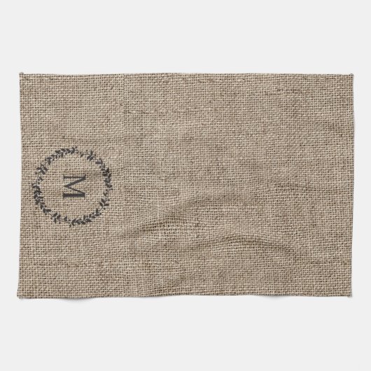 Rustic Laurel Wreath Farmhouse Style Monogramed Theedoek (Horizontaal)