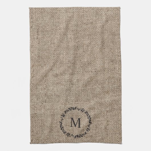Rustic Laurel Wreath Farmhouse Style Monogramed Theedoek (Verticaal)