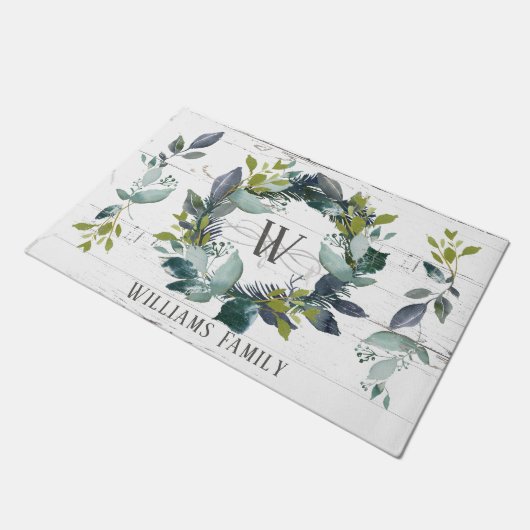Rustic Laurel Wreath Greenery Waterverf Initiaal Deurmat (Schuin)